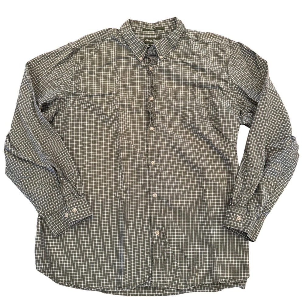 Eddie Bauer Mens XXL Relaxed Fit Green Micro Grid Check Button Down Shirt L/S